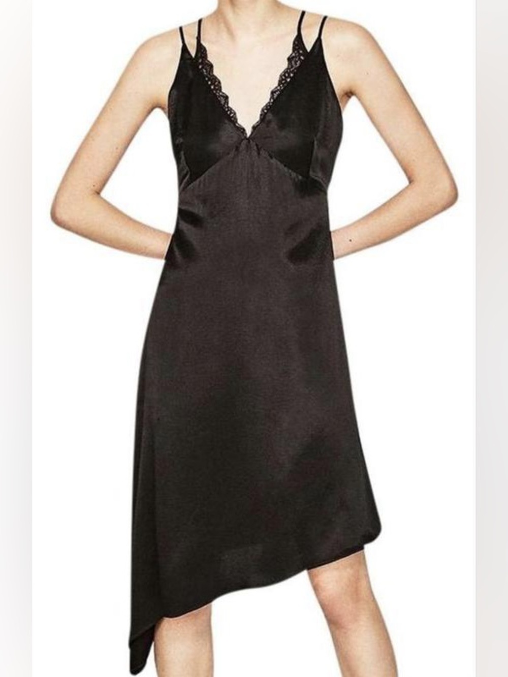 NWT Zara Women's Black Satin Lace-Trim Slip Dress